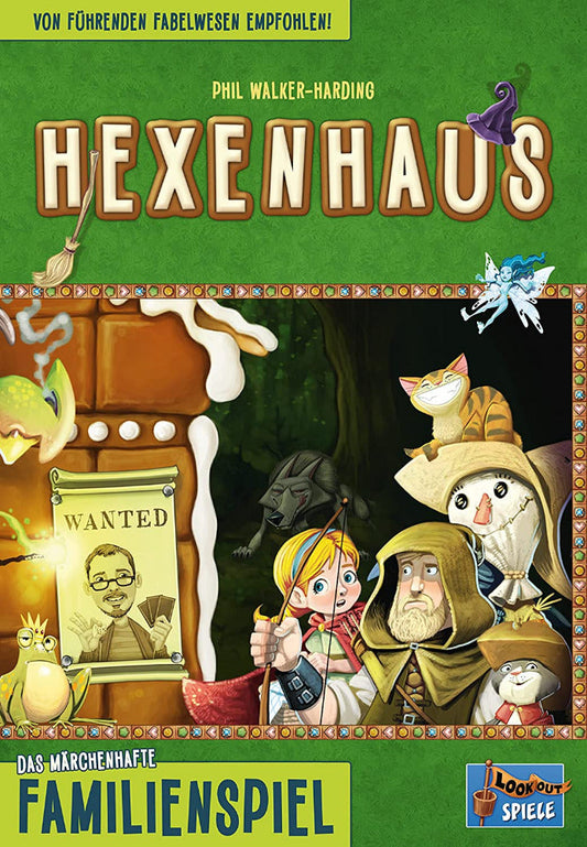 Cover von "Hexenhaus". Eine Vogelscheuche, ein Mann, ein Mädchen und ein Kater stehen vor einem Wanted-Plakat mit einem Männdergesicht.