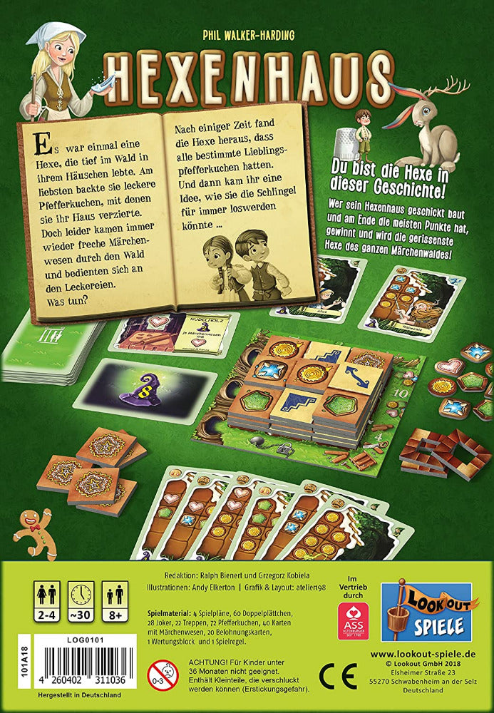 Rückseite von "Hexenhaus". Beispiel für einen Spielaufbau und eine kurze Geschichte zum Spiel.