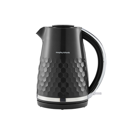 Black electric kettle with honeycomb pattern on a white background