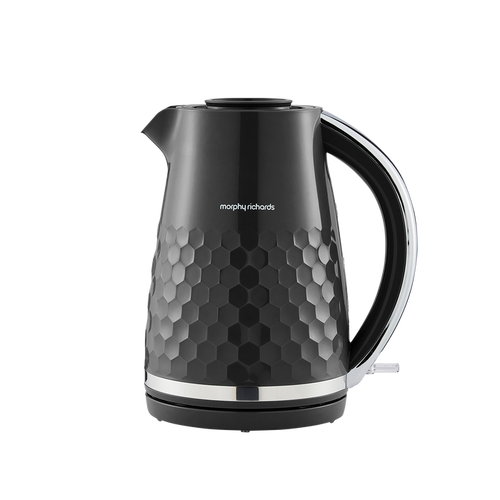 Black electric kettle with honeycomb pattern on a white background