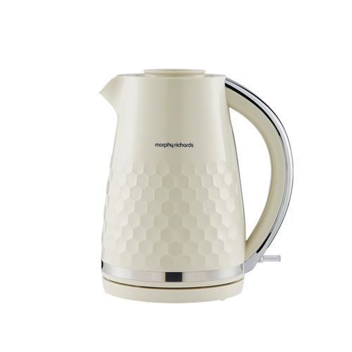 Cream-colored electric kettle with honeycomb pattern on a white background