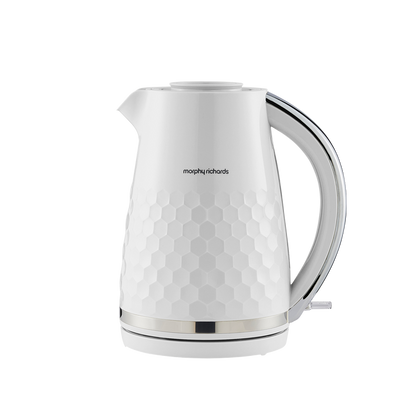 White electric kettle with honeycomb pattern on a white background