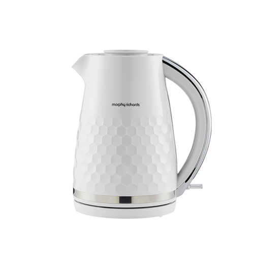 White electric kettle with honeycomb pattern on a white background