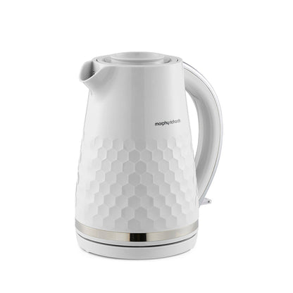White electric kettle with honeycomb pattern on a white background