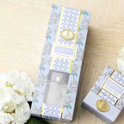Two boxed candles with floral packaging on a wooden surface