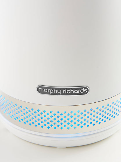 Close-up of a Morphy Richards kettle with blue accents on a white background