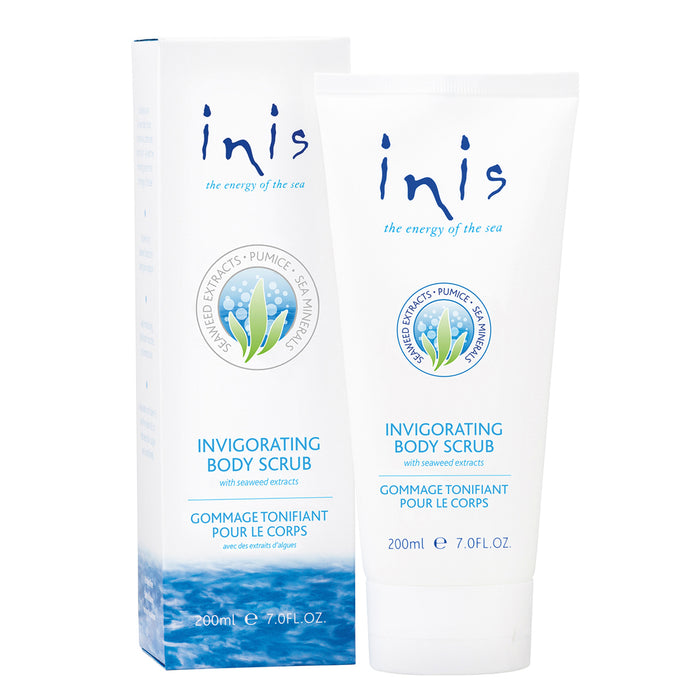 Bottle of Inis Invigorating Body Scrub against white background