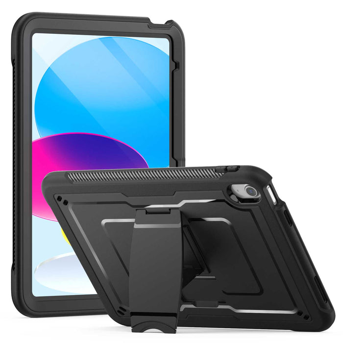 The iPad (11th Gen) Protective Case Series is displayed on a tablet in black, featuring a rugged design with a built-in kickstand. One tablet showcases the screen, while another highlights the back of the case and kickstand in use.