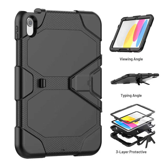 Introducing the Drill-Down Tablet Mount with LockVise™ Locking Holder & Rugged Case for iPad (11th Gen): a tough, black case featuring grooves and an integrated kickstand. Side graphics demonstrate the iPad in viewing and typing positions, as well as an exploded view revealing its robust three-layer protection—making it ideal for anyone needing a secure, heavy-duty tablet holder that stands up to everyday use.