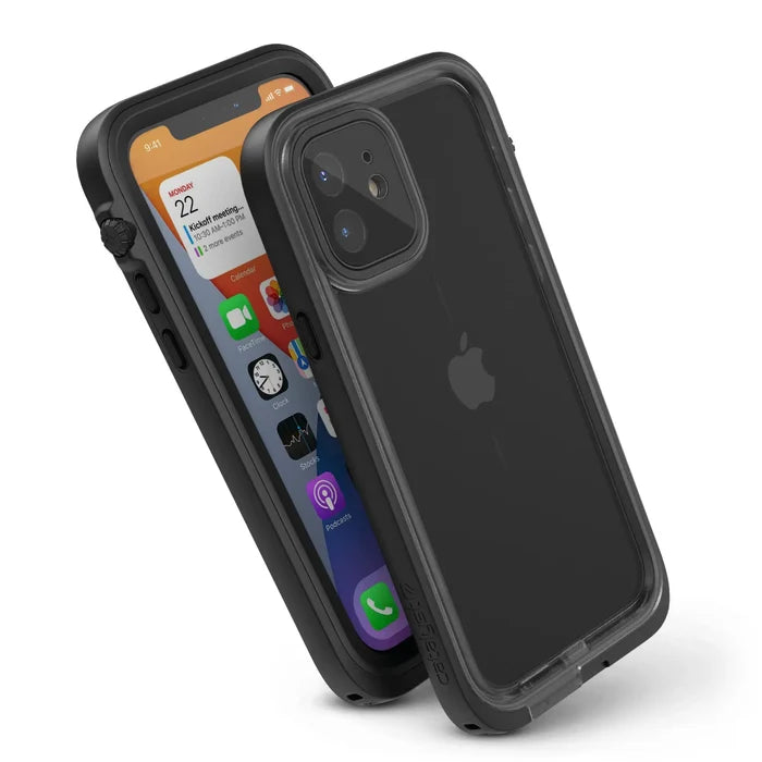 Two iPhone 12s in rugged, black Catalyst Case US "Total Protection" waterproof cases are shown: one displays the home screen, the other shows the Apple logo and dual cameras. The cases feature reinforced corners for extra protection.