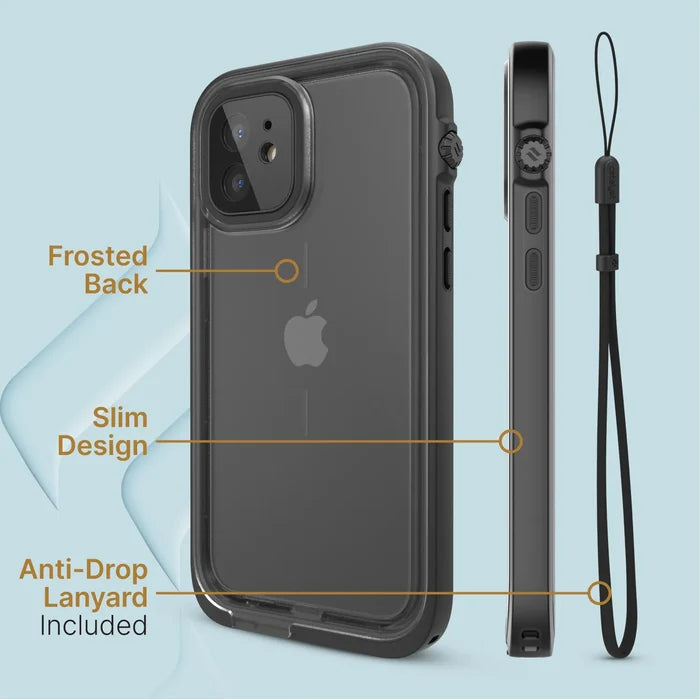 A Catalyst Case US iPhone 12 Waterproof Case is displayed from the back and side, with an attached anti-drop lanyard. Labels highlight "Frosted Back," "Slim Design," and "Anti-Drop Lanyard Included" against a pale blue background.