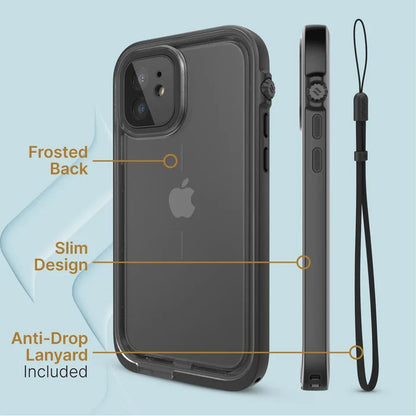 A Catalyst Case US iPhone 12 Waterproof Case is displayed from the back and side, with an attached anti-drop lanyard. Labels highlight "Frosted Back," "Slim Design," and "Anti-Drop Lanyard Included" against a pale blue background.
