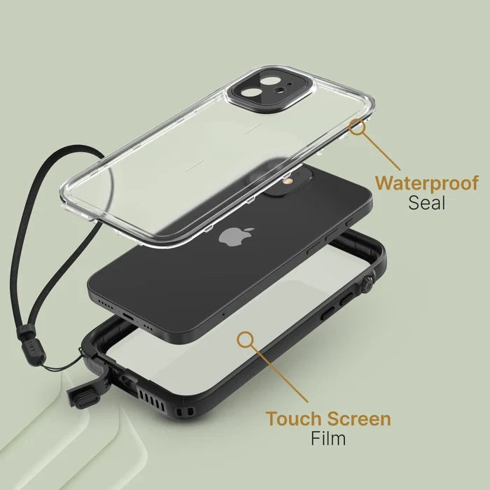 An exploded view of the Catalyst Case US iPhone 12 - Waterproof Case, Total Protection shows a clear top labeled "Waterproof Seal," the iPhone 12 inside, a black bottom labeled "Touch Screen Film," and a wrist strap, all on a light green background.