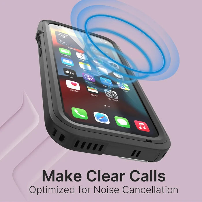 The Catalyst Case US iPhone 12 - Waterproof Case is shown at an angle in black, with blue sound waves above it for noise cancellation. App icons are visible on the screen. Text reads: “Make Clear Calls. Optimized for Noise Cancellation.” Light purple background.
