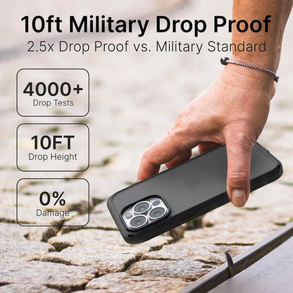 A hand holds an iPhone 13 mini in a black Catalyst Case US Influence Case close to the ground. Text: "10ft Military Drop Proof,ÃƒÂ¢Ã¢â€šÂ¬Ã‚Â ÃƒÂ¢Ã¢â€šÂ¬Ã…â€œ4000+ Drop Tests,ÃƒÂ¢Ã¢â€šÂ¬Ã‚Â ÃƒÂ¢Ã¢â€šÂ¬Ã…â€œ10FT Drop Height,ÃƒÂ¢Ã¢â€šÂ¬Ã‚Â ÃƒÂ¢Ã¢â€šÂ¬Ã…â€œ0% Damage." MIL-STD 810G certified. Blurred background.