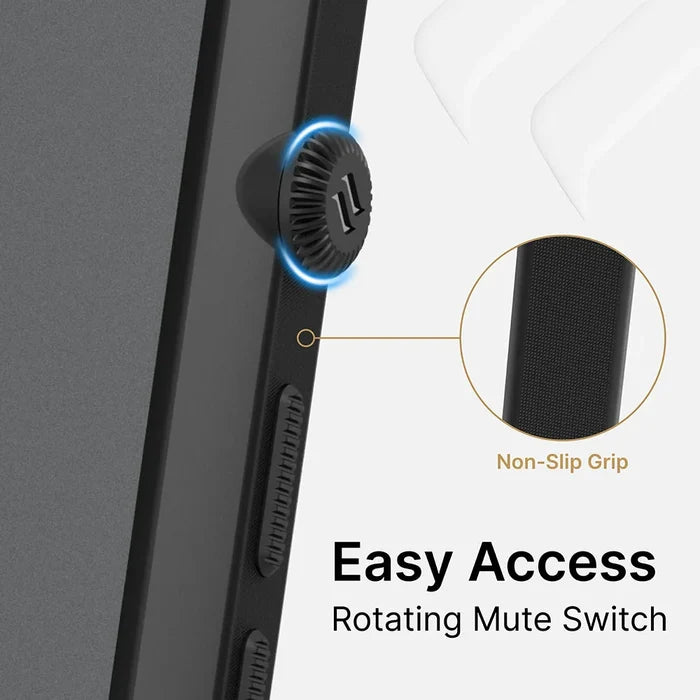 Close-up of the Catalyst Case US Influence Case for iPhone 13 mini, showing textured buttons and a highlighted blue-ring rotating mute switch. Inset circle displays the drop-proof non-slip grip. Text: ÃƒÂ¢Ã¢â€šÂ¬Ã…â€œEasy Access Rotating Mute SwitchÃƒÂ¢Ã¢â€šÂ¬Ã‚Â and ÃƒÂ¢Ã¢â€šÂ¬Ã…â€œNon-Slip Grip.ÃƒÂ¢Ã¢â€šÂ¬Ã‚Â.