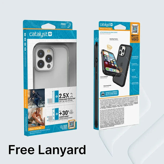 The image shows front and back packaging of a Catalyst Case US Influence Case for iPhone 13 mini. The gray and clear case features Drop Proof protection, wireless charging support, lanyard, and highlights MIL-STD 810G standards.