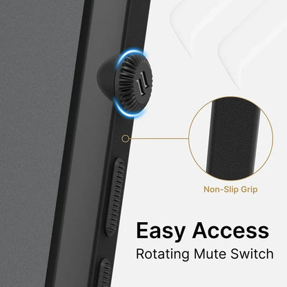 Close-up of Catalyst Case US Influence CaseÃƒÂ¢Ã¢â€šÂ¬Ã¢â€žÂ¢s rotating mute switch for iPhone 13 Pro Max, featuring a textured non-slip grip. Zoomed inset highlights the grip. Text: ÃƒÂ¢Ã¢â€šÂ¬Ã…â€œEasy Access Rotating Mute Switch,ÃƒÂ¢Ã¢â€šÂ¬Ã‚Â ÃƒÂ¢Ã¢â€šÂ¬Ã…â€œNon-Slip Grip,ÃƒÂ¢Ã¢â€šÂ¬Ã‚Â ÃƒÂ¢Ã¢â€šÂ¬Ã…â€œDrop Proof.ÃƒÂ¢Ã¢â€šÂ¬Ã‚Â Light gray background.