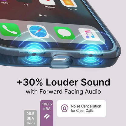 Close-up of the Catalyst Case US Influence Case on an iPhone 13 Pro Max, featuring glowing blue audio waves from its bottom speakers. "+30% Louder Sound with Forward Facing Audio," "Noise Cancellation for Clear Calls." Drop proof & wireless charging support.