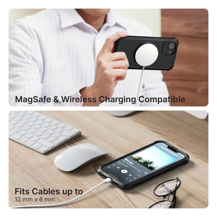 Top: A person uses the Catalyst Case US iPhone 14 Plus - Crux Case, MagSafe compatible, with a circular charger attached for wireless charging. Bottom: The phone on a desk charges via cable (up to 12 x 6 mm) while playing music.