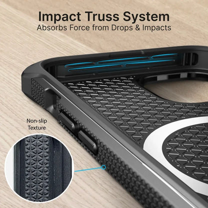 The Catalyst Case US iPhone 14 Plus Crux Case (MagSafe compatible) is shown close up, highlighting its textured non-slip grip and blue lines marking the internal Impact Truss System, providing MIL-STD 810G drop protection and labeled feature details.