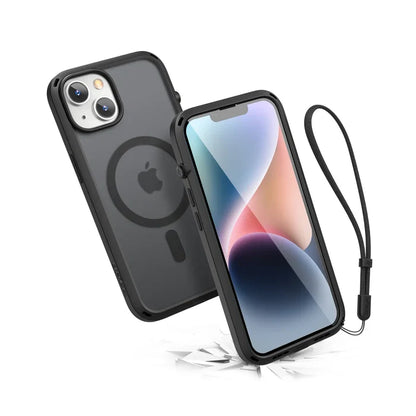 Two iPhone 14 Plus phones in Catalyst’s Stealth Black Influence Case are shown—one displays a vibrant screen, the other reveals the translucent back with visible Apple logo, MagSafe ring, camera cutout, and an attached wrist strap.
