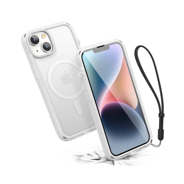The Catalyst Case US Influence Case for iPhone 14 Plus, shown in clear with MagSafe compatibility and a black wrist strap, protects the device while revealing its Apple logo and dual cameras through the transparent back.