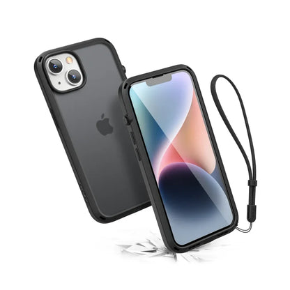 The Catalyst Case US Influence Case for iPhone 14 Plus in Stealth Black is a drop-proof case with a wrist strap, MIL-STD 810G reinforced corners, transparent back for the Apple logo, wireless charging support, and impact-resistant protection.