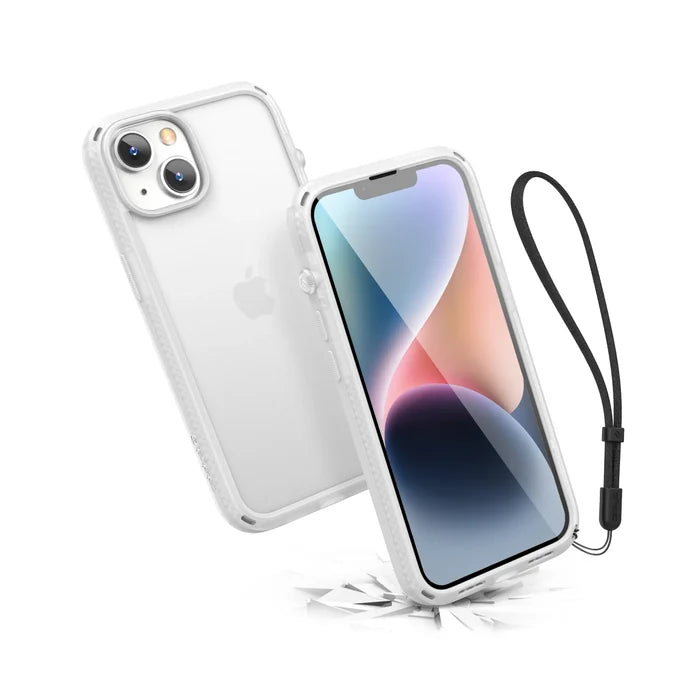 Two iPhone 14 Plus devices in clear Catalyst Case US Influence Cases; one shows a pastel wallpaper, the other highlights its transparent back and dual cameras. MIL-STD 810G certified with a black wrist strapÃƒÂ¢Ã¢â€šÂ¬Ã¢â‚¬Âdrop proof on cracked surfaces.