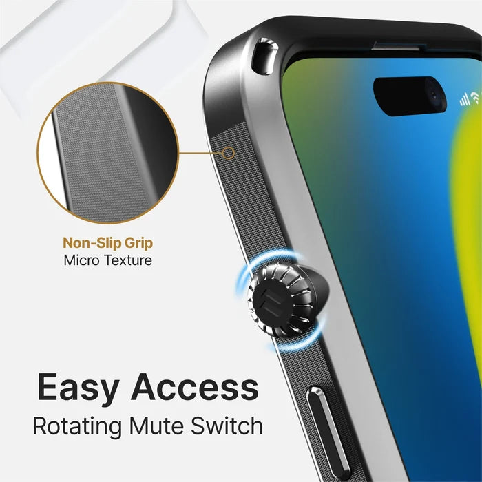 Close-up of Catalyst Case US iPhone 14 Plus Influence Case in a rugged, MIL-STD 810G drop-proof design with rotating mute switch and non-slip micro texture grip. Wireless charging compatible. Text: ÃƒÂ¢Ã¢â€šÂ¬Ã…â€œEasy Access Rotating Mute SwitchÃƒÂ¢Ã¢â€šÂ¬Ã‚Â and ÃƒÂ¢Ã¢â€šÂ¬Ã…â€œNon-Slip Grip Micro Texture.ÃƒÂ¢Ã¢â€šÂ¬Ã‚Â.
