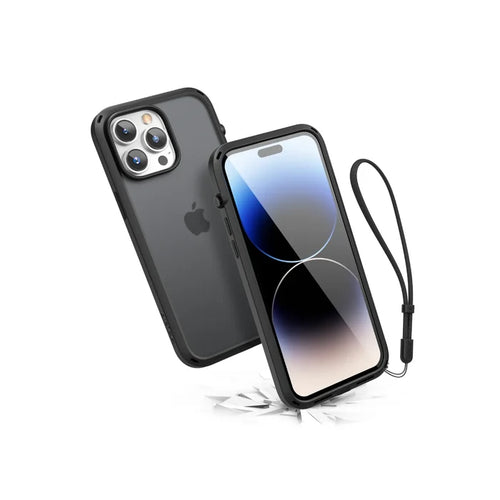 The Catalyst Case US iPhone 14 Pro Influence Case is shown front and back in black with a triple camera lens, black lanyard, subtle crack pattern, drop-proof protection, durability, and wireless charging support.