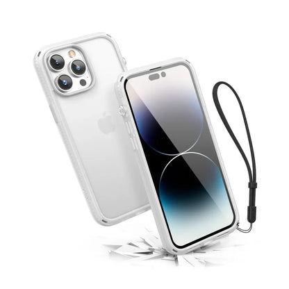 Two iPhone 14 Pro smartphones in Catalyst Case US Influence transparent white casesÃƒÂ¢Ã¢â€šÂ¬Ã¢â‚¬Âone displays a minimal blue screen, the other highlights triple lenses. A black wrist strap is attached, showcasing MIL-STD 810G drop proof protection on impact.