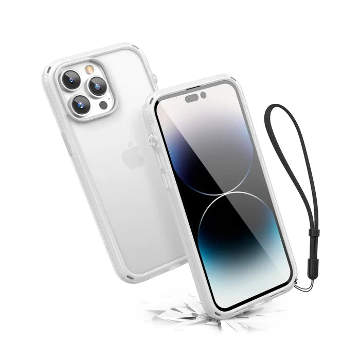The Catalyst Case US Influence Case for iPhone 14 Pro Max is shown in clear, with a black wrist strap. Displayed on a white background, it features triple rear cameras and an Apple logo, emphasizing tough MIL-STD 810G drop protection.