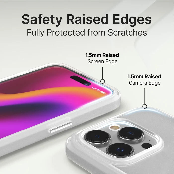 The image features the Catalyst Case US iPhone 14 Pro Max - Influence Case, a clear, drop-proof cover with 1.5mm raised screen and camera edges. Text above states: ÃƒÂ¢Ã¢â€šÂ¬Ã…â€œSafety Raised EdgesÃƒÂ¢Ã¢â€šÂ¬Ã¢â‚¬ÂFully Protected from Scratches.ÃƒÂ¢Ã¢â€šÂ¬Ã‚Â.