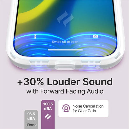 An iPhone 14 Pro Max in a Catalyst Case US Influence Case emits sound waves from front speakers. "+30% Louder Sound with Forward Facing Audio." Features: wireless charging, 96.5 dBA iPhone, 100.5 dBA, and noise cancellation for clear calls.