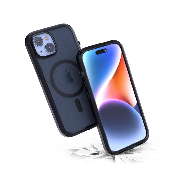 Two iPhones with Catalyst Case US Influence Cases in Stealth Black are shown; one displays a vibrant screen, the other shows dual cameras and the MagSafe ring. Both bounce above a cracked white surface, emphasizing their Drop Proof MagSafe Compatible design.