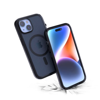 Two iPhones with Catalyst Case US Influence Cases in Stealth Black are shown; one displays a vibrant screen, the other shows dual cameras and the MagSafe ring. Both bounce above a cracked white surface, emphasizing their Drop Proof MagSafe Compatible design.