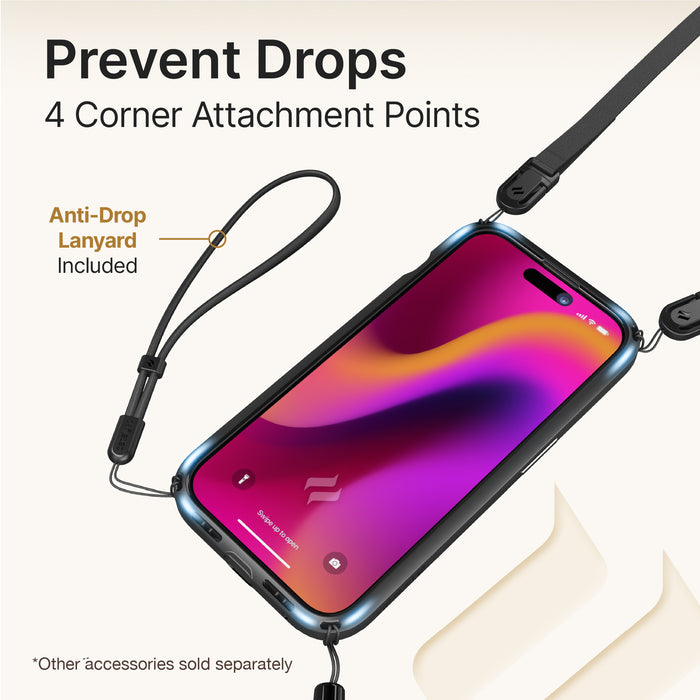 Catalyst iphone 15 series influence case iphone 15 pro in midnight black colorway showing the four corners attachment of the case text reads prevent drops 4 corner attachment points anti-drop lanyard included