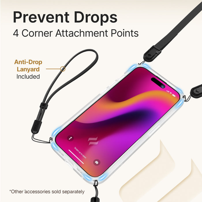 Catalyst iphone 15 series influence case iphone 15 plus lear colorway showing the four corners attachment of the case text reads prevent drops 4 corner attachment points anti-drop lanyard included