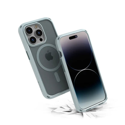 Two iPhone 15 Pro devices in Catalyst Case US's Sage Green Influence Case (MagSafe compatible) are shownÃƒÂ¢Ã¢â€šÂ¬Ã¢â‚¬Âone facedown and one uprightÃƒÂ¢Ã¢â€šÂ¬Ã¢â‚¬Âappearing to bounce off a cracked surface, showcasing their MIL-STD 810G drop-proof protection.