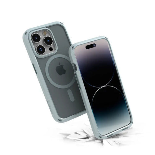 Two iPhone 15 Pro devices in Catalyst Case US's Sage Green Influence Case (MagSafe compatible) are shownÃƒÂ¢Ã¢â€šÂ¬Ã¢â‚¬Âone facedown and one uprightÃƒÂ¢Ã¢â€šÂ¬Ã¢â‚¬Âappearing to bounce off a cracked surface, showcasing their MIL-STD 810G drop-proof protection.