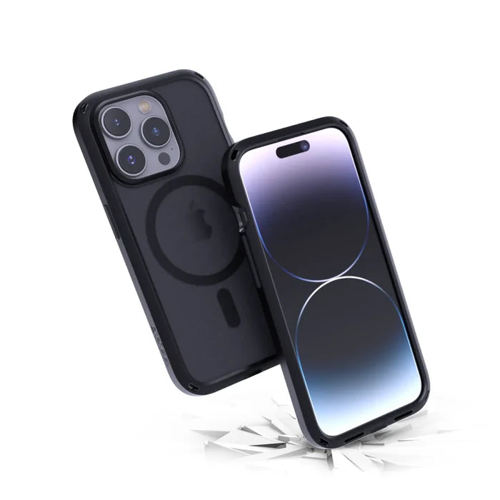 Two Catalyst Case US iPhone 15 Pro - Influence Cases in Stealth Black are shown; one displays a blue gradient screen, the other reveals rear cameras. Both bounce off a cracked surface, highlighting their MIL-STD 810G drop-proof MagSafe compatible protection.