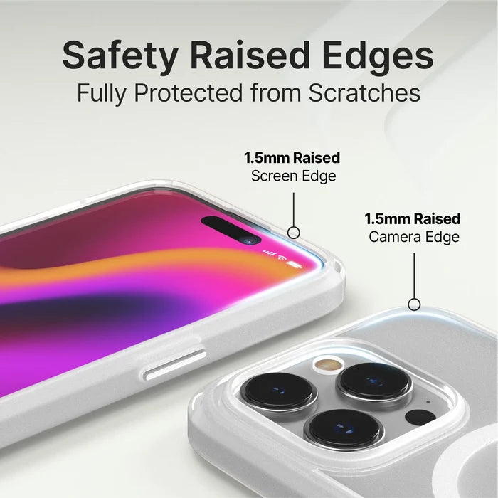 The Catalyst Case US iPhone 15 Pro - Influence Case (MagSafe Compatible) is shown on two phones, with labels showing its 1.5mm raised screen and camera edges for scratch protection. Text above: "Safety Raised Edges – Fully Protected from Scratches.