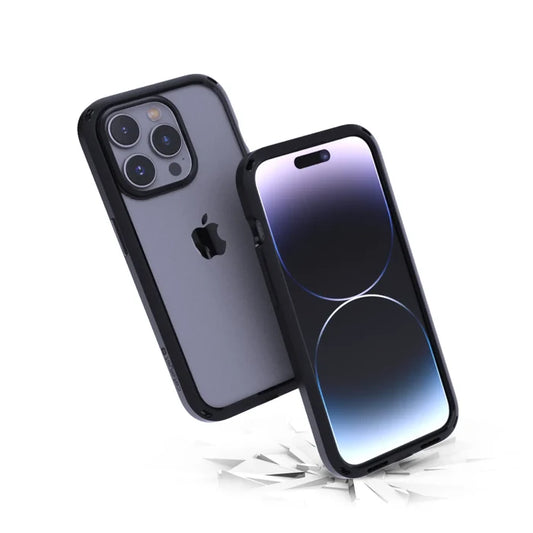The Catalyst Case US iPhone 15 Pro - Influence Case in Midnight Black is shown mid-air above a cracked white surface, featuring triple rear cameras and a reflective front screen with blue and purple hues.