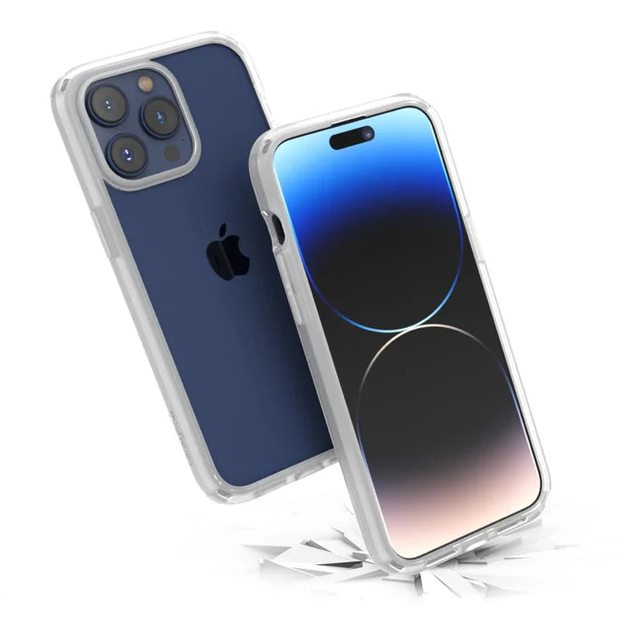 Two iPhone 15 Pro Max devices in Catalyst Case US Influence Clear cases are shown; one displays a blue gradient screen while the other reveals its blue back with triple cameras. The front phone lands on cracks, showcasing drop-proof MIL-STD 810G protection.