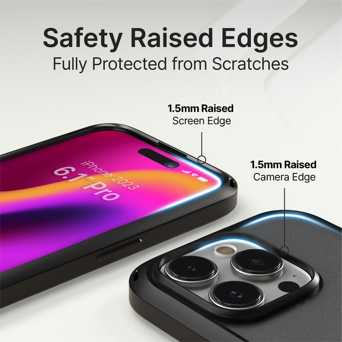 Catalyst iphone 15 series influence case iphone 15 pro max in midnight black colorway showing the safety raised edges of the case text reads safety raised edges fully protected from scratches 1.5mm raised screen edge 1.5mm camera edge