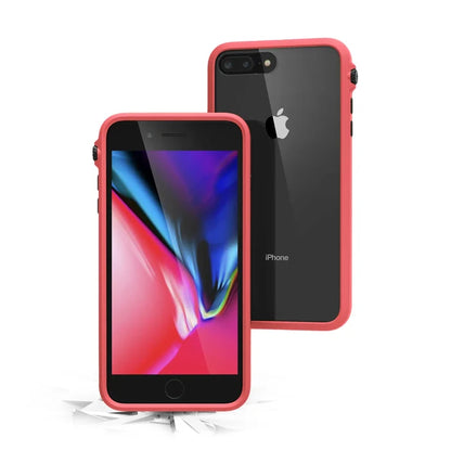 Two iPhone 8 Plus/7 Plus devices in Catalyst Case US Impact Protection CasesÃƒÂ¢Ã¢â€šÂ¬Ã¢â‚¬Âone coral pink, one blackÃƒÂ¢Ã¢â€šÂ¬Ã¢â‚¬Âare shown. One faces forward; the other displays the Apple logo as its upright, drop-proof case cracks a white surface on impact.