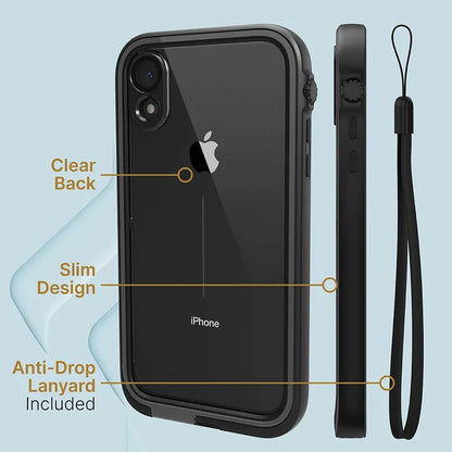 Image of the Catalyst Case US iPhone XR Waterproof Case with a clear back, slim profile, and anti-drop lanyard. The phone is displayed from back and side views, with features labeled on a light blue background.