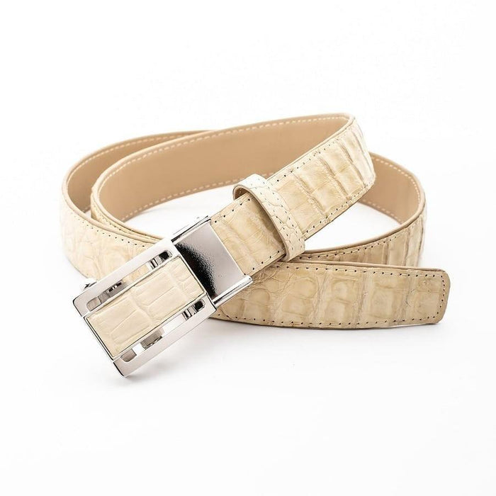 Coiled ivory white genuine stomach crocodile men's belt displaying flat scales and a polished silver-tone buckle.