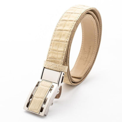 Tan interior leather lining and brand stamp revealed on the standing cream crocodile strap with silver buckle.